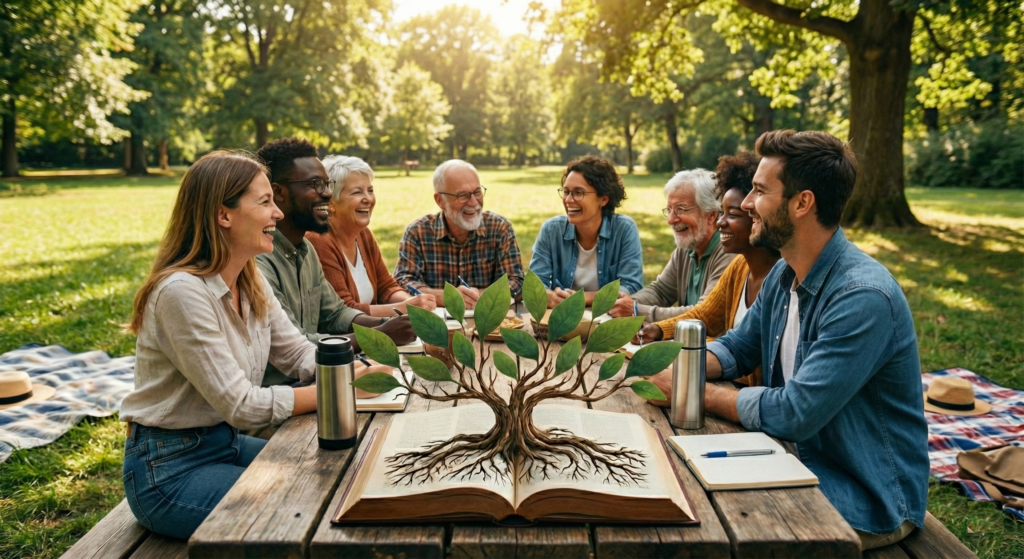 medzinárodný deň materinského jazyka, ľudia sedia okolo stola z dreva v parku a rozprávajú sa 