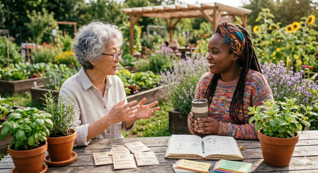 Pohľad na staršiu Aziatku a mladšiu černošku, ktoré sedia za dreveným stolom v rozkvitnutej komunitnej záhrade a vedú angažovaný rozhovor. Medzi nimi sú kvetináče s čerstvými bylinkami, otvorený zošit s náčrtmi a semenné vrecúška s maďarskými a anglickými názvami rastlín, ako napríklad 'Rozmaring / Rosemary' a 'Levendula / Lavender'. Staršia žena v svetlej košeli gestikuluje rukami pri vysvetľovaní o tom, ako sa rozhovoriť po maďarsky, kým mladšia žena vo farebnom pulóvri, držiac termohrnček, ju s úsmevom počúva. V pozadí sú viditeľné vyvýšené záhony, slnečnice, levanduľa a drevená pergola pod prirodzeným slnečným svetlom.