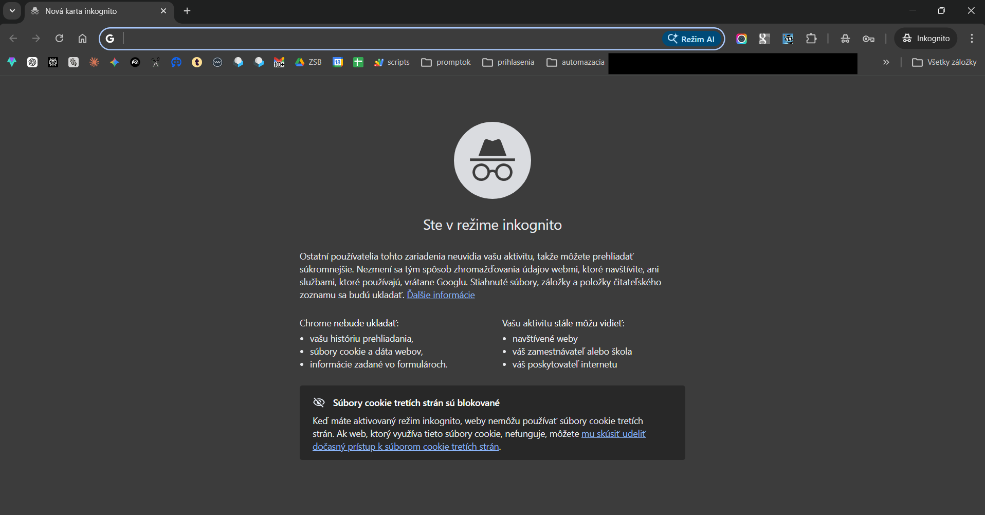 Inkognito režim v prehliadači Chrome, obrazovka s informáciou čo Chrome neukladá a kto môže aktivitu stále vidieť