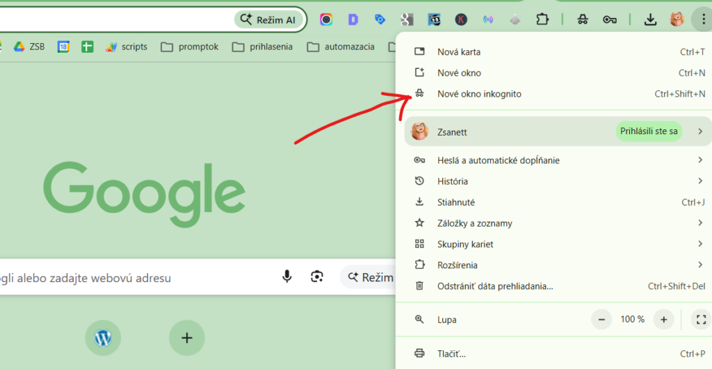 Ako otvoriť inkognito režim v Chrome, menu prehliadača s možnosťou Nové okno inkognito a skratkou Ctrl+Shift+N