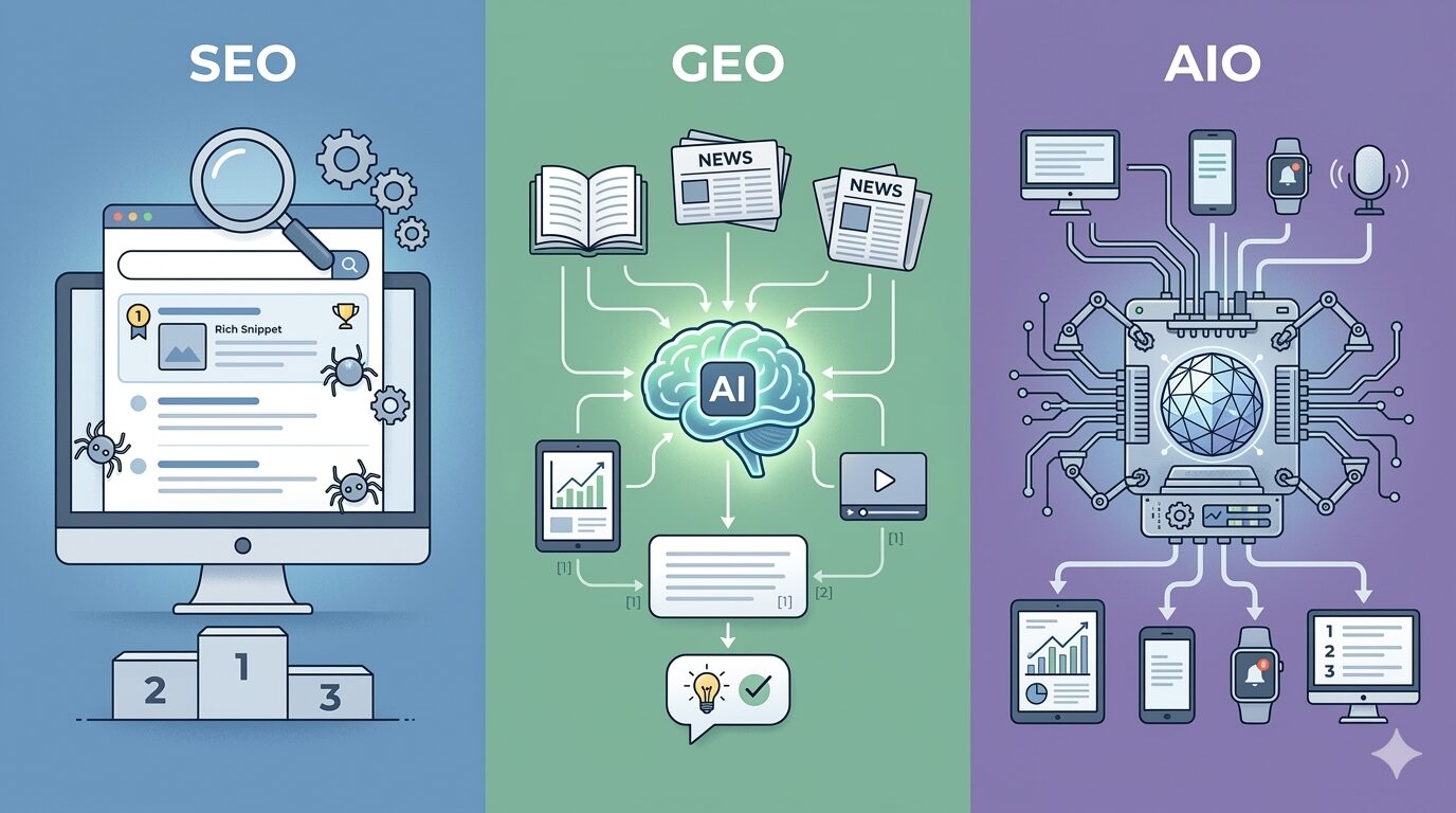 Vizuálny sprievodca pre rozdiel medzi SEO a AI, kde SEO reprezentuje monitor s rebríčkom výsledkov, GEO spracovanie informácií v digitálnom mozgu a AIO komplexnú sieť umelej inteligencie v smartfónoch a hodinkách.