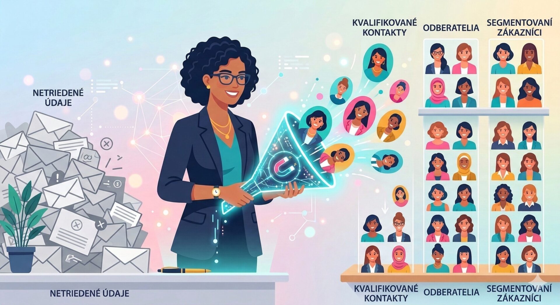 Moderná vektorová ilustrácia pre cielené oslovovanie zákazníkov, na ktorej podnikateľka pomocou digitálneho magnetu a lievika transformuje neusporiadané e-maily na organizované a segmentované skupiny spokojných klientiek.