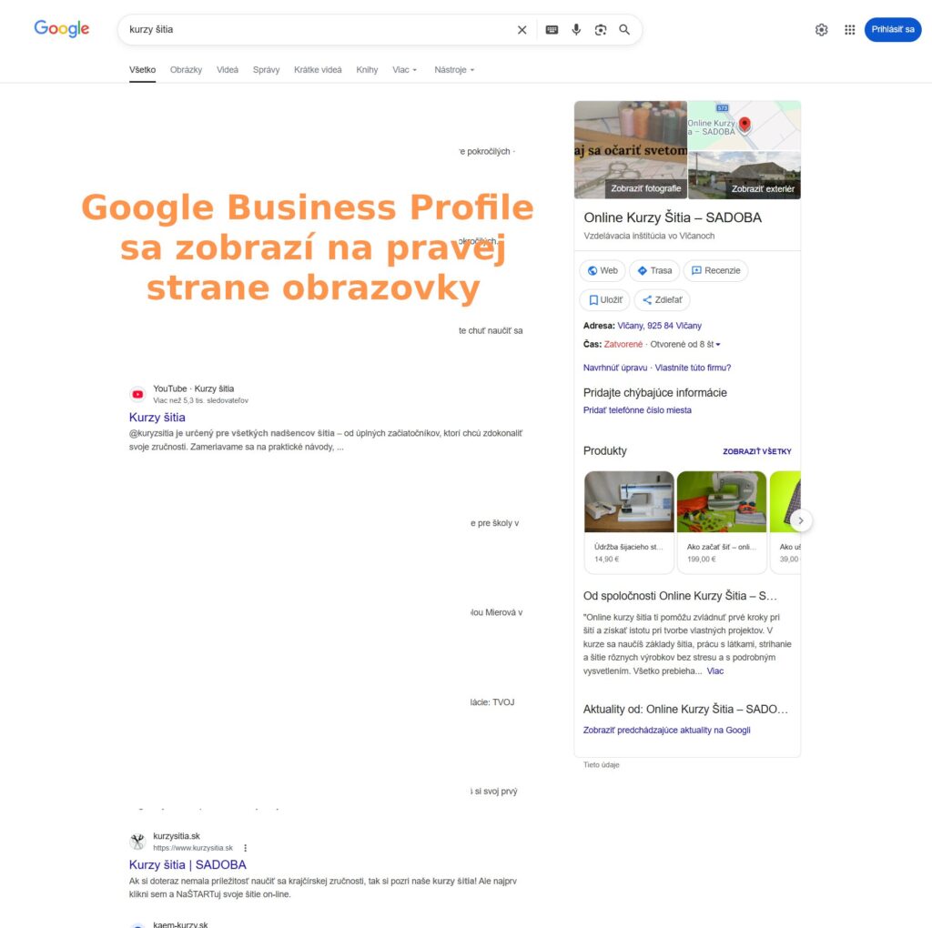 Výsledky vyhľadávania Google pre výraz „kurzy šitia" s ukážkou Google Business Profile firmy Online Kurzy Šitia – SADOBA na pravej strane obrazovky