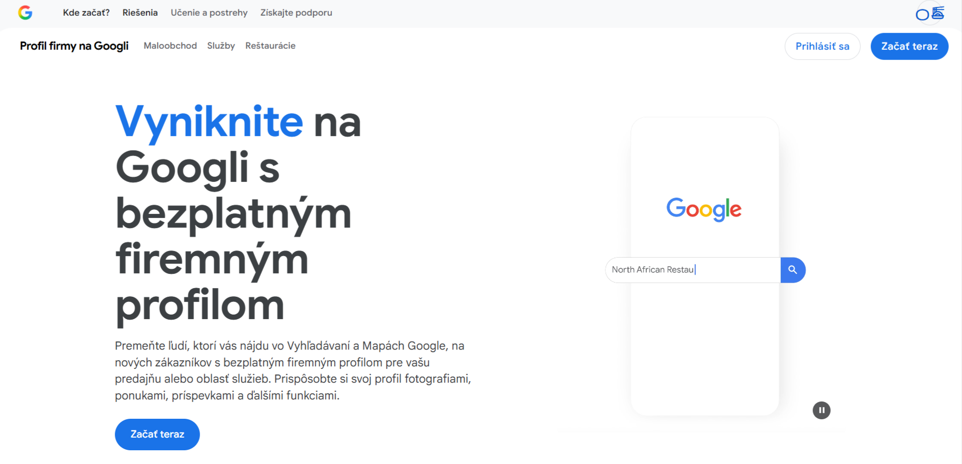 Úvodná stránka Google Business Profile v slovenčine s nápisom „Vyniknite na Googli s bezplatným firemným profilom" a ukážkou Google vyhľadávania