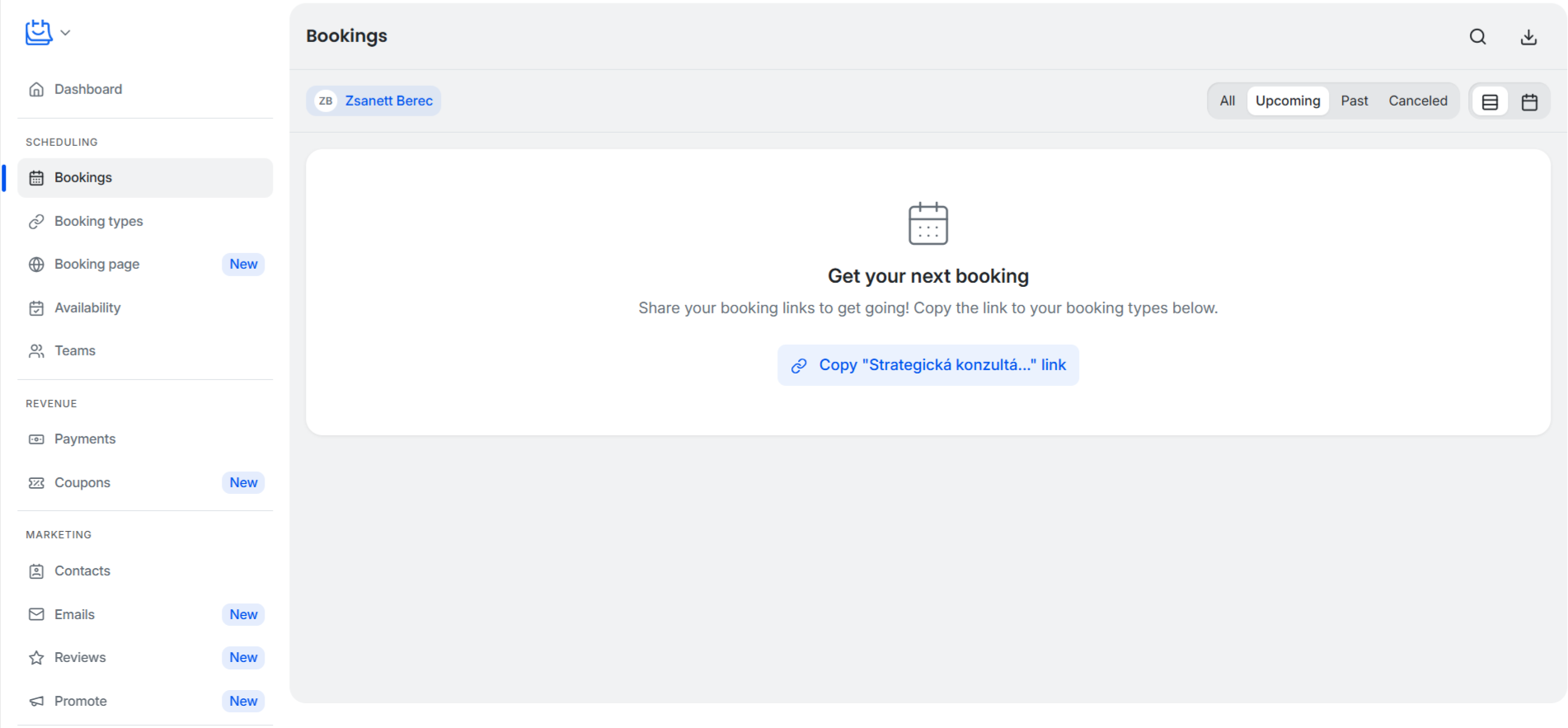Nástenka automatizovaného rezervačného systému TidyCal, sekcia Bookings s možnosťou zdieľania odkazu na strategickú konzultáciu